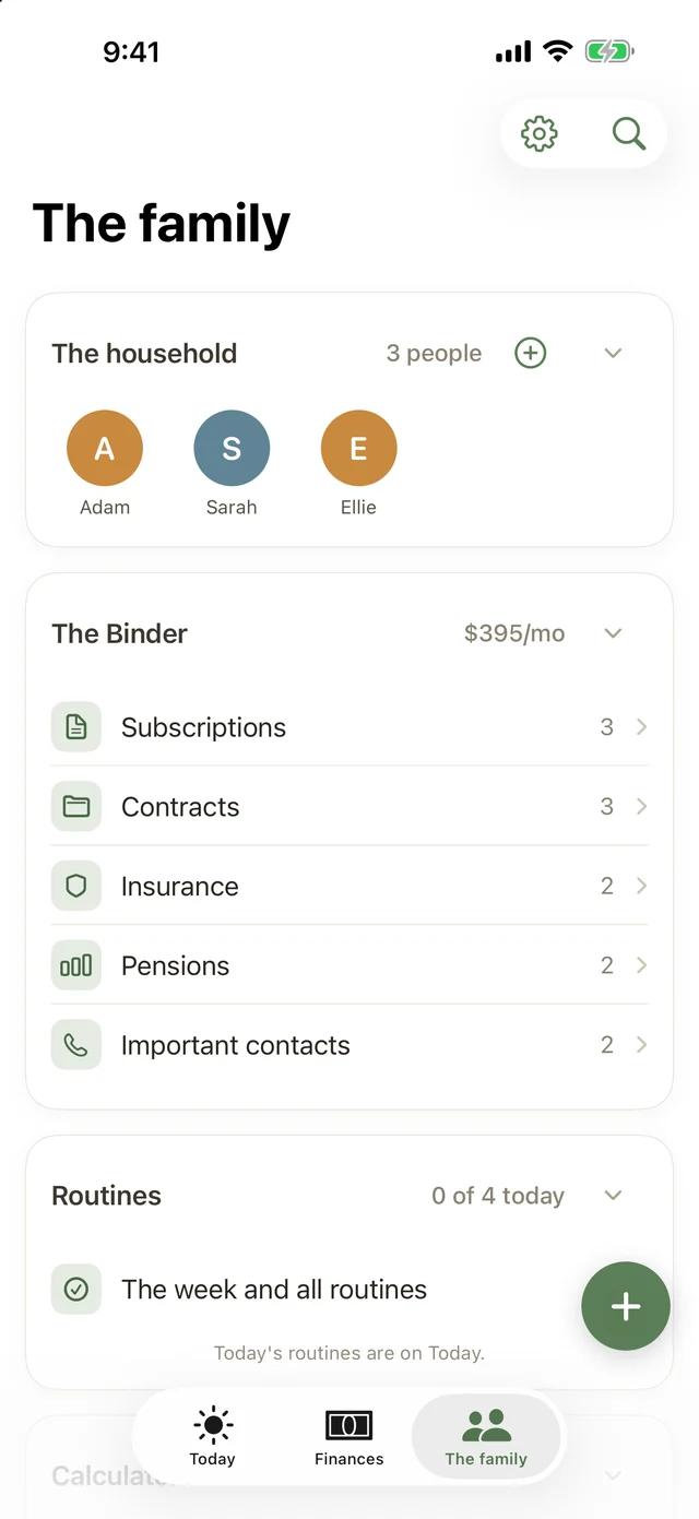 The Family tab in Famvy: the household, the Binder, the routines and the calculators