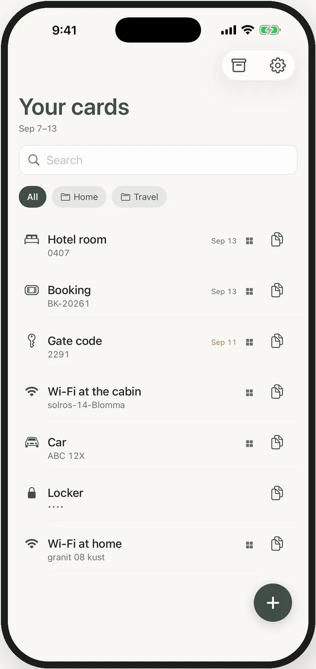 Keepfold’s card list on an iPhone: hotel room, booking, gate code, Wi‑Fi