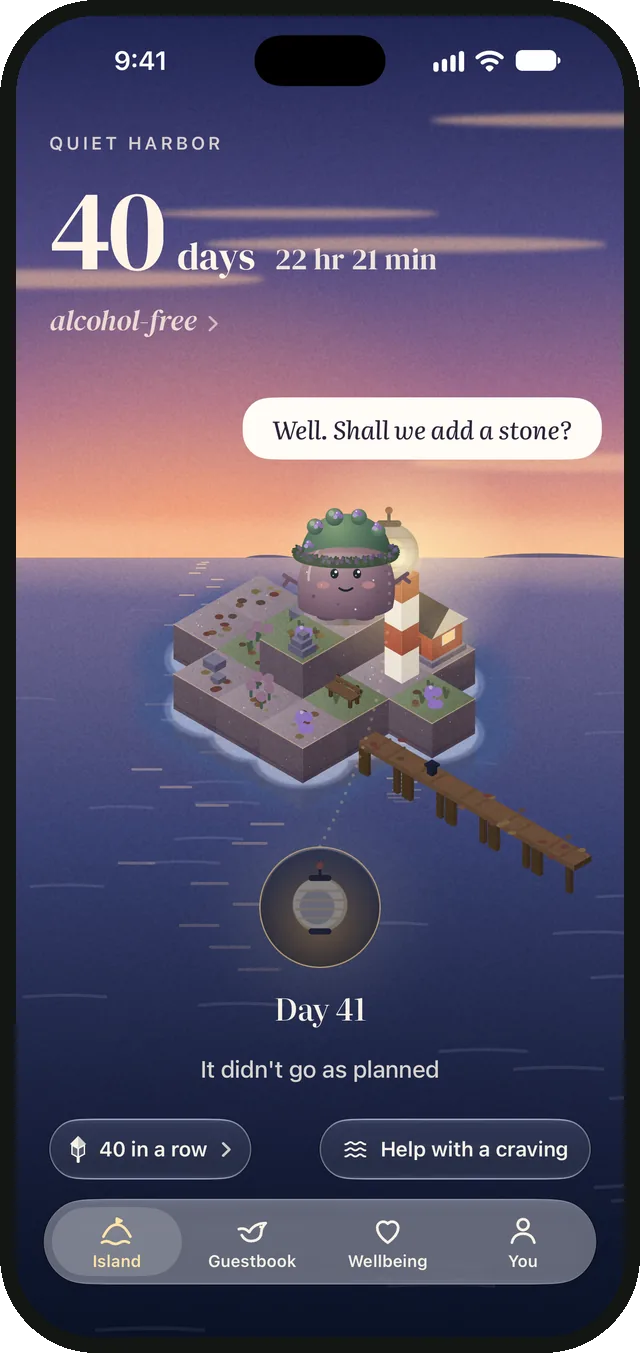 Kobbling’s island in the evening: 40 days alcohol-free, with Kobben on his rock and the lantern