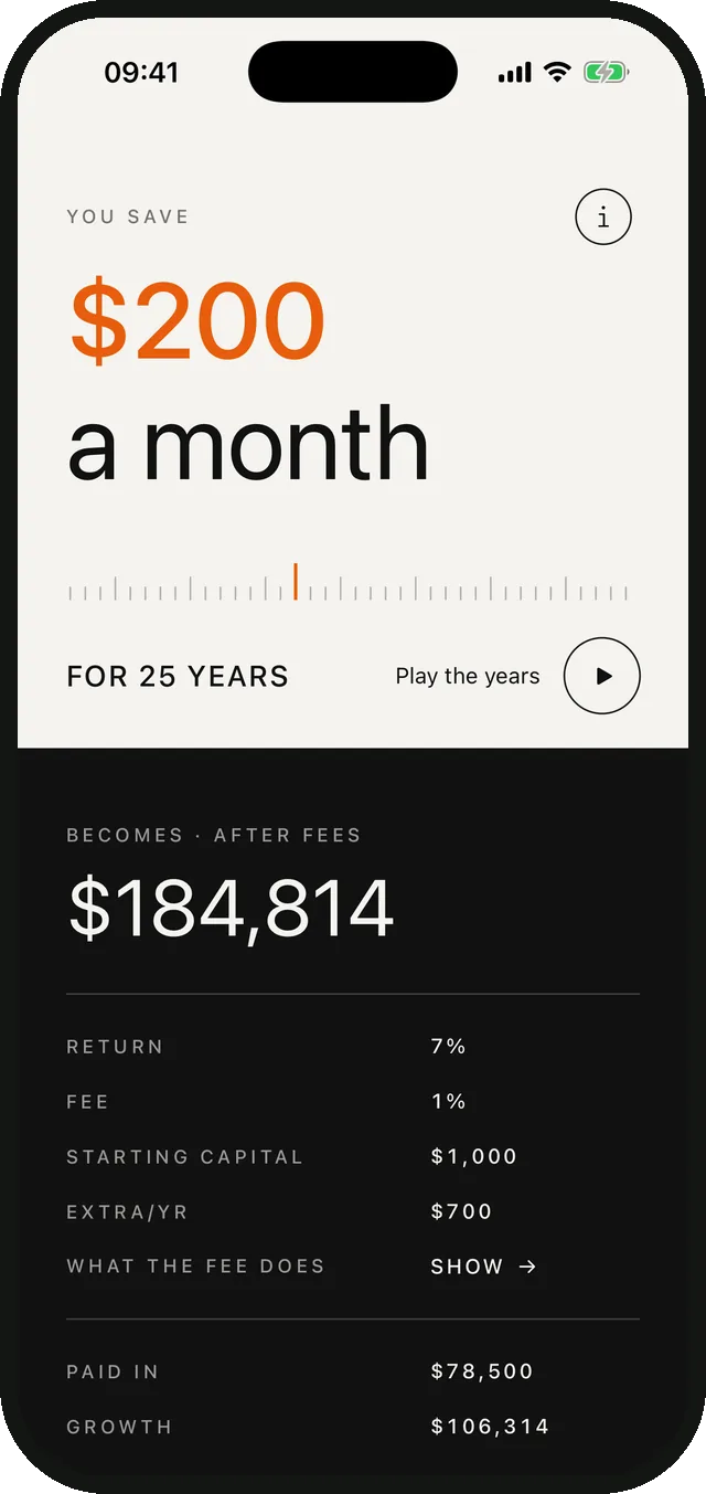 Sparvy’s Save page on an iPhone: $200 a month for 25 years becomes $184,814 after fees