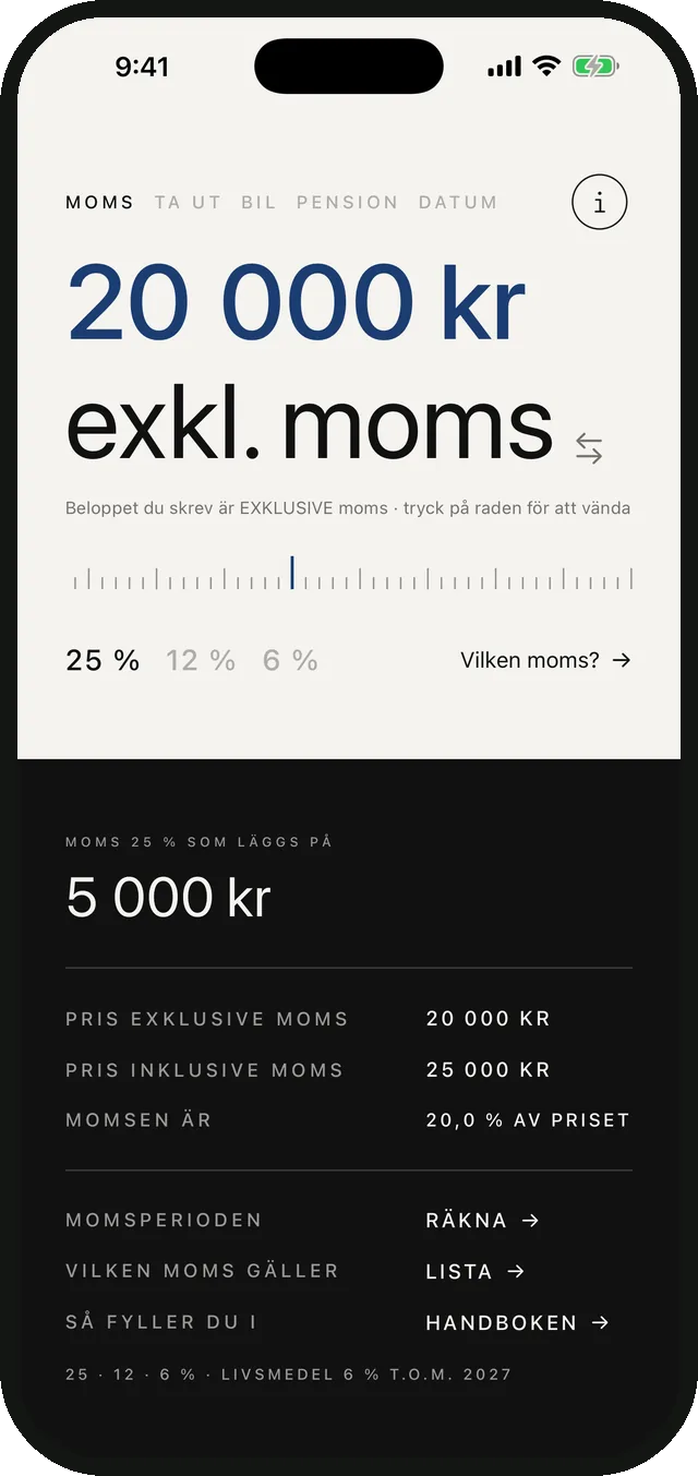 The VAT page in Sparvy Företag