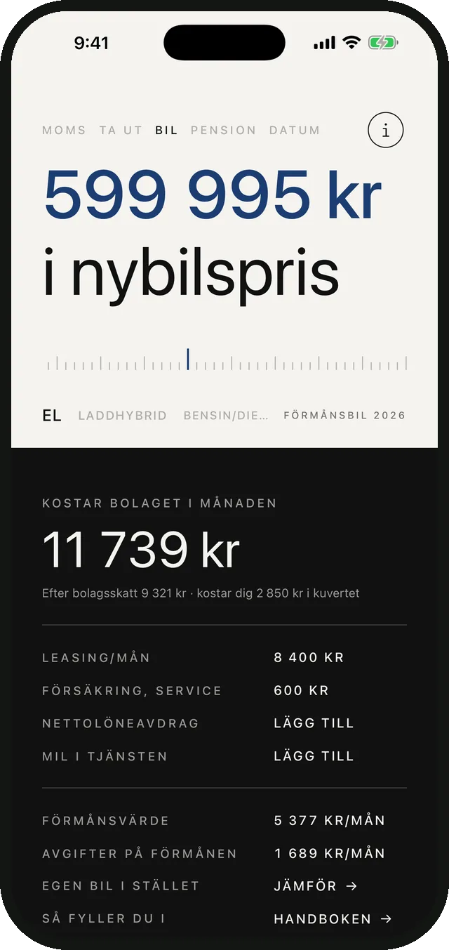 The car page in Sparvy Företag: what a company car costs per month