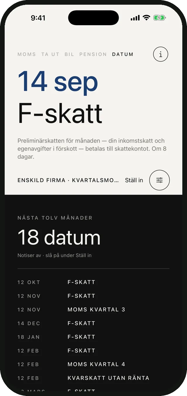 The dates page in Sparvy Företag with the next twelve months