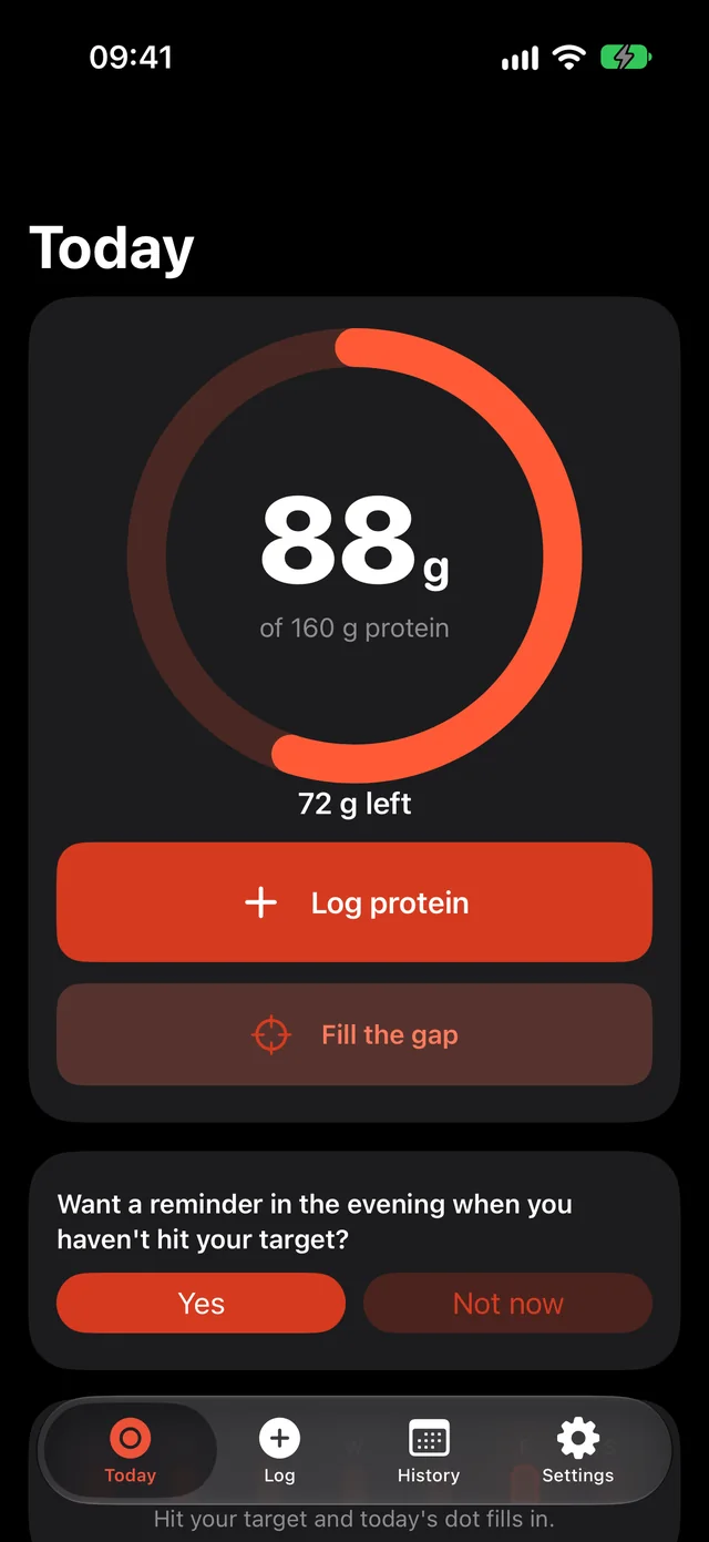 Gramvy on iPhone: 88 of 160 g protein, 72 g left, with Log protein and Fill the gap