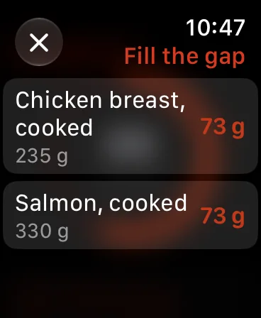 Fill the gap on Apple Watch: chicken breast 235 g gives 73 g, salmon 330 g gives 73 g