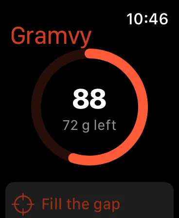 Gramvy on Apple Watch: 88 g, 72 g left