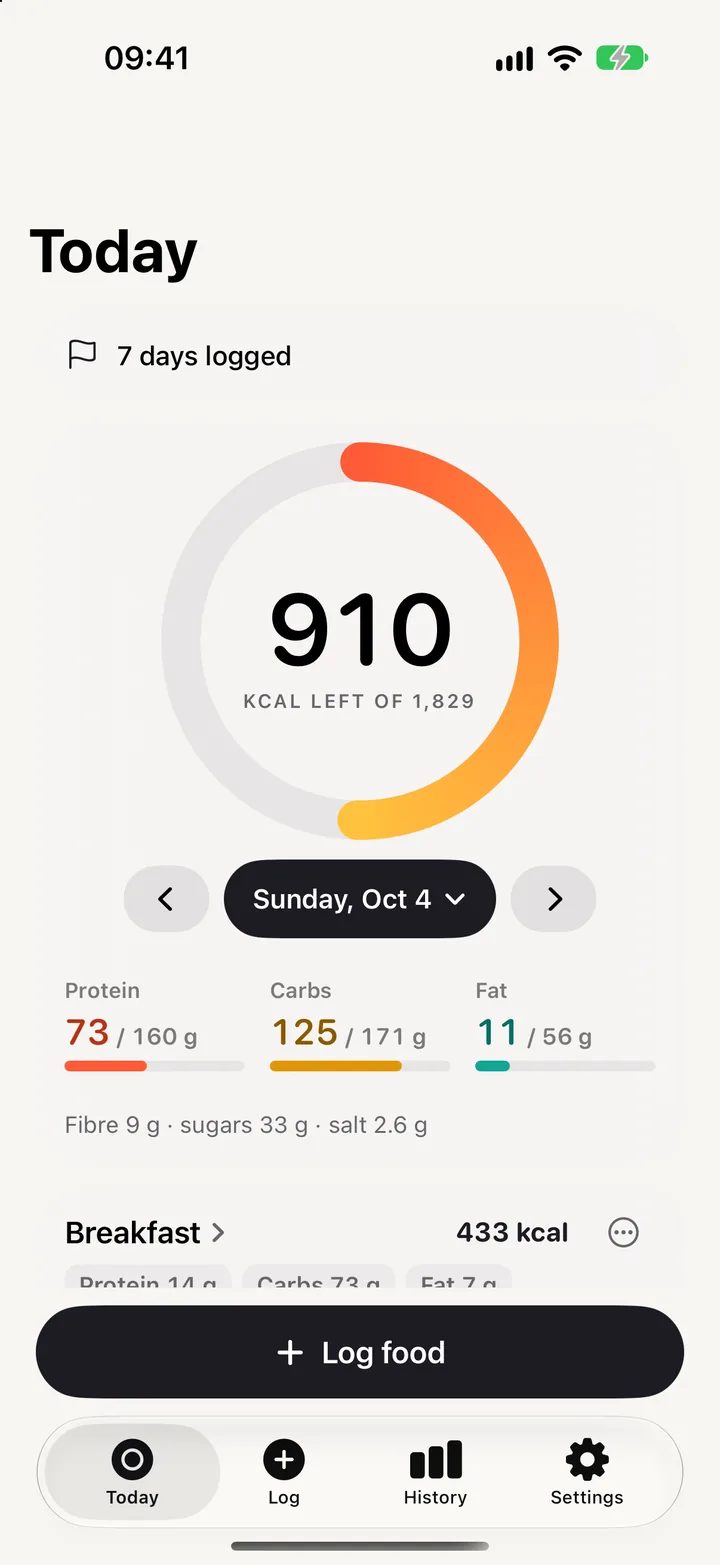 Tugga's home screen: a ring with 448 kcal left of 2,000, protein, carbs and fat below, and today's meals.