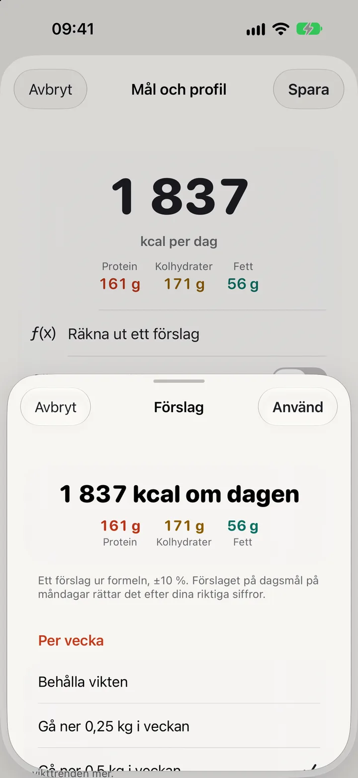 Kalkylatorn: välj mål och takt, se dagsmål och makron räknas live.