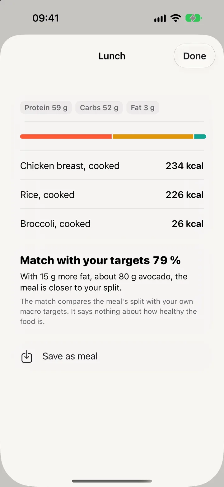 The breakfast meal view with its rows, the macro bar and Match against your targets 78%.