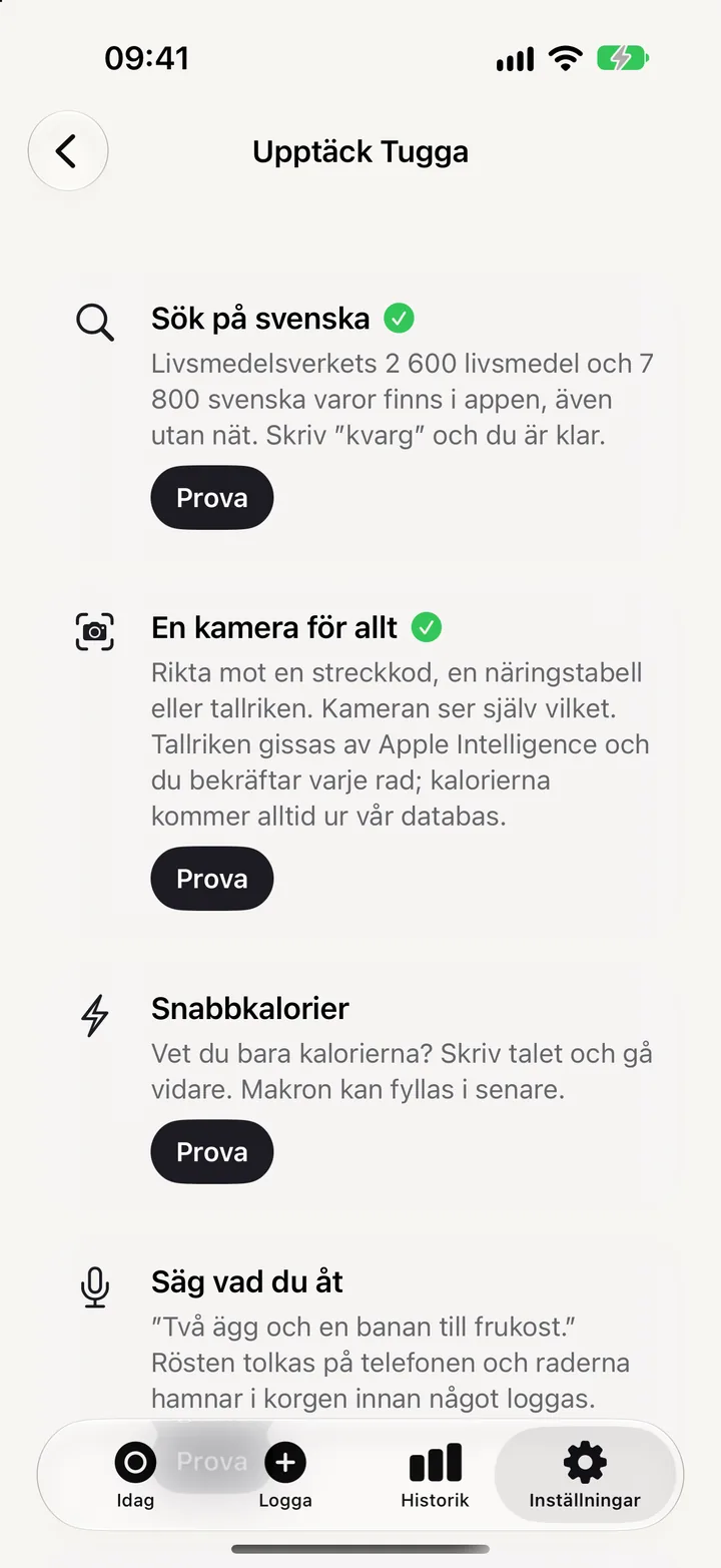 Upptäck Tugga: alla knep som kort med en Prova-knapp.