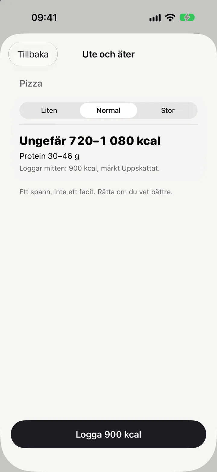 Eating out: pizza, normal size, roughly 650–850 kcal, marked Estimated.